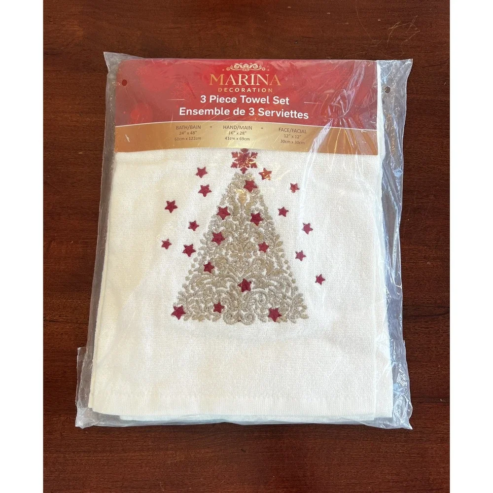 Christmas Holiday Embroidered‎ Towel Set 100% Cotton 3 Piece Tree Stars Gold Red